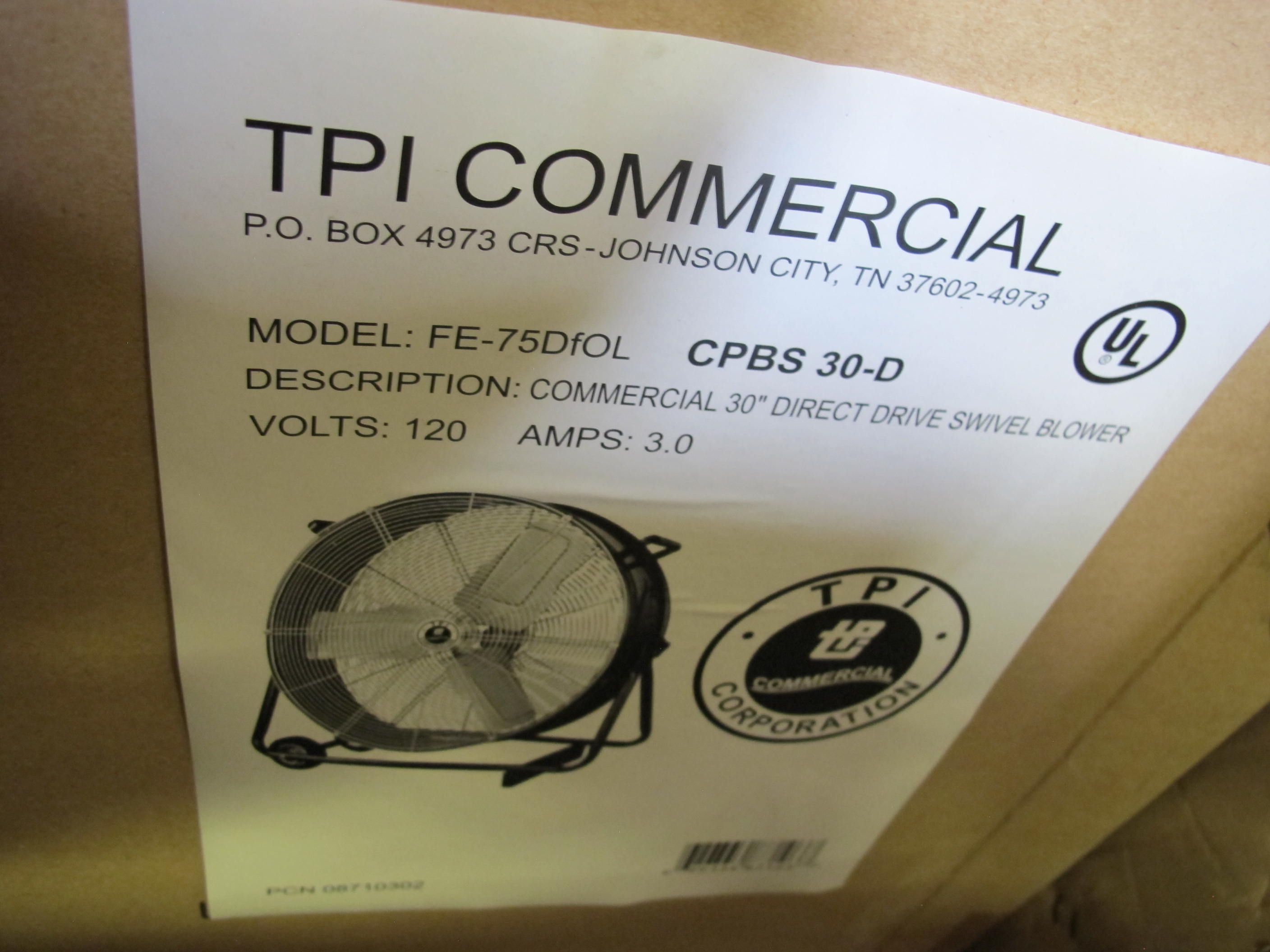 TPI COMMERCIAL FAN BLOWER, 30" MODEL # FE-75DFOL --OR-- CPBS-30-D. LOADING & HANDLING FEE $15-4060